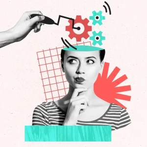 Vertical,Photo,Collage,Of,Minded,Girl,Instead,Brain,Gears,Brainstorm